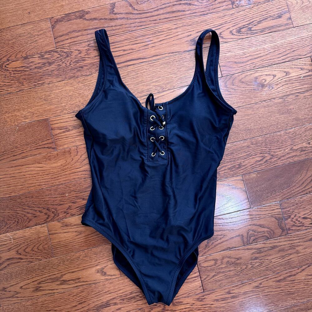 Black One Piece Bathing Suit Swim Lace Up Front Women's Size Medium